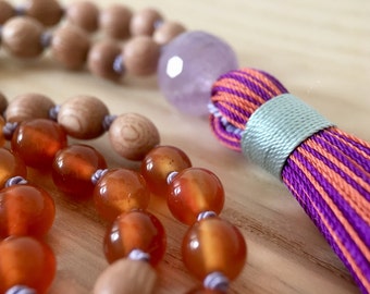 108 Yoga Necklace, Gemstone Jewelry, Amethyst, Carnelian, Rosewood, Meditation Mala, Silk Tassel Necklace, Healing Prayer Beads, Japa Mala