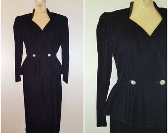 Vintage 1980s Does 1940s Black Velour Skirt Suit / Peplum Jacket and Skirt / Medium