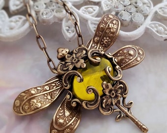 Olive Divine Dragonfly necklace, Dragonfly jewelry, dragonfly pendant necklace, statement necklace, bug jewelry, bronze necklace, Victorian