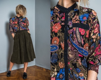 Vintage floral blouse | spring blouse | button up | 80s blouse | multi color blouse | band collar blouse | boho blouse | hipster shirt |