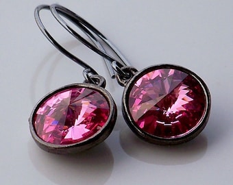 Swarovski Rose Pink Crystal and Oxidized Sterling Silver Dangle Earrings
