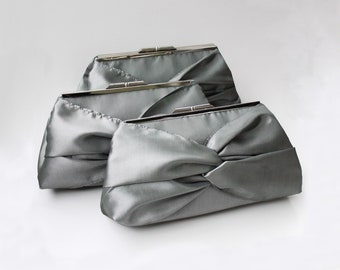 Set of 3 Knotted Bridesmaid Clutch With Metal Frame- Gray, Ivory, Pink and More
