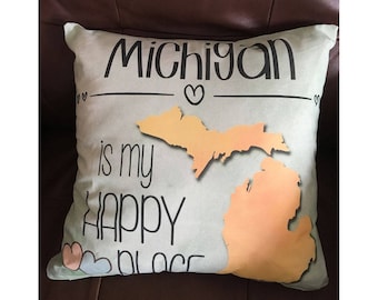 Michigan is My Happy Place in Light Green Throw Pillow