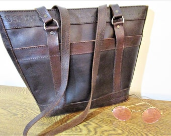 Vintage Boho Leather Tote - Dark Brown - Tooled Leather Details - Zipper Top - Lined - Shoulder Bag - 1970's Hippie Handbag Purse