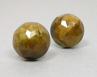 TIGERS EYE 12mm Faceted Cabochon Nickel Free Titanium Post Stud Brown Gold Gemstone Earrings Untreated