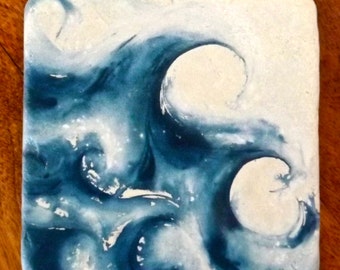 Blue Wave Coaster, 4"x4" Giclée on Stone by Jennifer Jones Rashleigh at Cédian Painting