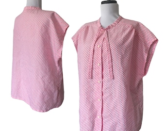 80s Pink + Red Polka-Dot Ascot Blouse — Large