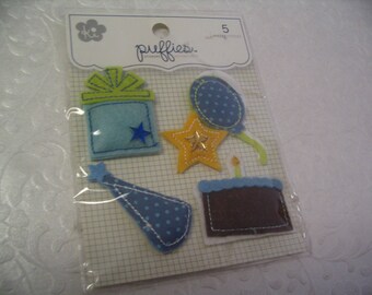5 Piece Puffy Fabric Boy Birthday Stickers Craft Scrapbook Supplies