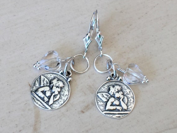 Raphael's Angels & Swarovski Crystal Heart Earrings, Sterling Silver