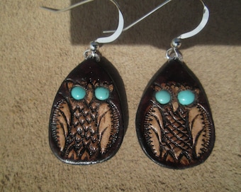 Owl earrings with turquoise eyes