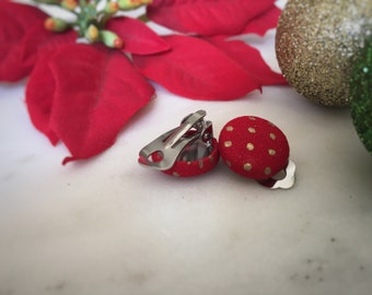 Red and Gold Earrings. Red Christmas Earrings. Dot Earrings. Handmade Earrings. Fabric Button Earrings. Stud Earrings. Clip On Earrings.
