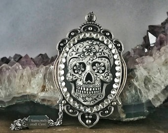 Necklace. Sugar Skull Swarovski crystal pendant. Unique gift for Bridesmaid Dia de los Muertos Wedding