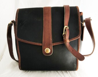 COACH- Station Black Brown trimmed square crossbody shoulder bag twist closure