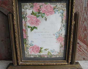 Antique Victorian Picture Frame Swivel Swing Tilt Wood w/Glass Gold Bronze Paint Vintage Embossed Card Pink Roses Shabby Chic