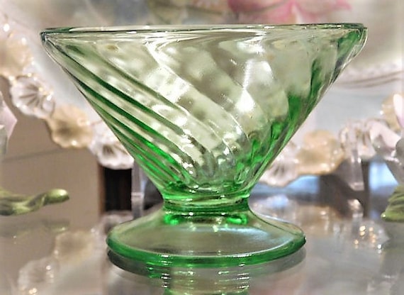 Green Vaseline Uranium Glass / Depression Glass Footed Cup Dessert / Sherbet / Quantity 9