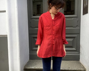 Red Summer Blouse Vintage 90s Mandarin Collar Chinese Blouse Spring Blouse Light Blouse Kung Fu Shirt S M