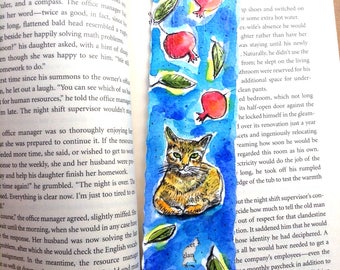 Pomegranate and Orange Cat Bookmark, Originl Watercolor, Jewish Gifts, Pomegranate Painting, Cat Painting, Judaica Art, Pomegranate Tree