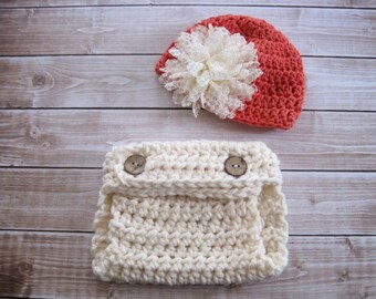 Crochet Baby Girl Diaper Cover and Hat, Crochet Baby Hat, Baby Girl Hat, Newborn Girl Hat, Infant Girl Diaper Cover, Baby Flower Hat, Orange