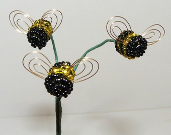 Silver-lined Yellow Bumblebee Trio Plant Stick For Your Beaded Flower or Artificial Flower Arrangement