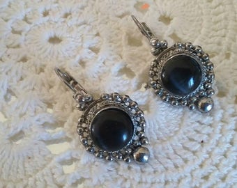 SUMMER 50%OFF SALE/Vintage Ornate Silver Metal Black Earrings, Victorian Edwardian Style
