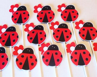 Ladybug Cupcake Toppers 1st Birthday Baby Shower Garden Party Lady Bug Flower Red or Hot Pink Color Option