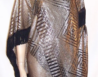 1920's Silver on Black Net, Substantial Assuit Shawl with Fringe