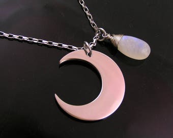 Crescent Moon Necklace with Rainbow Moonstone, Moonstone Necklace, Moon Phase Necklace, Crescent Necklace, Stainless Steel Chain, N1373