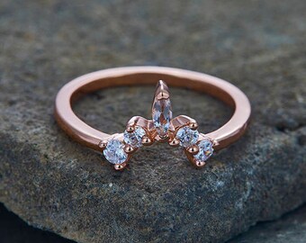 Crown Wedding Band White Topaz Wedding Band Curve Wedding Ring Stacking Ring Chevron Ring Rose Gold Plated Sterling Silver Anniversary Ring