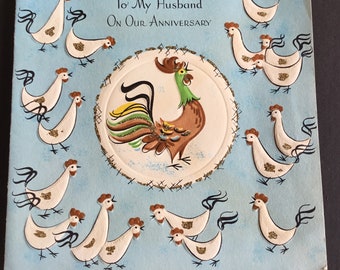 Vintage Anniversary Greeting Card, To Husband, Rooster & Hens, glitter, Gibson