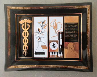 Vintage Glass Dish, Hippocratic Oath, Doctor Gift, Medical Images, Caduceus Symbol, Medical Advertising, Gold and Black Glass Dish