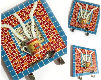 Mosaic Coffee Cup Art, Red Blue Mosaic Cafe Latte Art, Mixed Media Coffee Art with Hooks, Coffee Cup Art, Coffee Lover Kitchen Mosaic Art