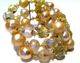 WIRE Wrap Pearls Yellow Glass Decorative bead Coil Infinity Bracelet RUNWAY Authentic Vintage Jewelry