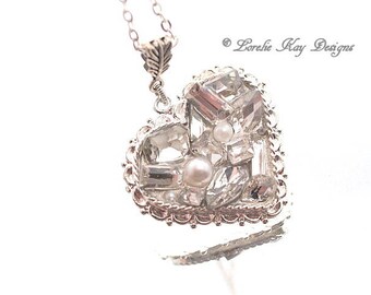 Rhinestone Pearls Heart Necklace Fine Silver Plated Elegant Heart Pendant Lorelie Kay Original