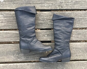Size 6 Black Leather Tall Midcalf Slouch Boots Women's Vintage Boots