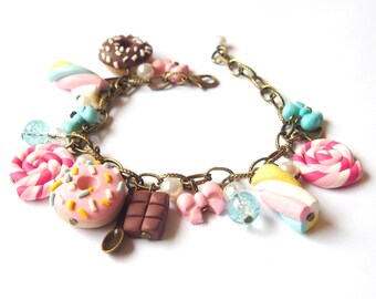 Food Bracelet Doughnut Bracelet ( marshmallow bracelet mini food bracelet polymer clay jewelry donut bracelet cute bracelet bronze bracelet
