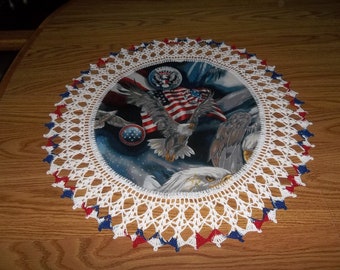 Crocheted, Patriots Eagles, Americana Doily, Fabric Center, Crocheted Edge Doilies Handmade 20 Inches Centerpiece Table Topper Handmade Gift