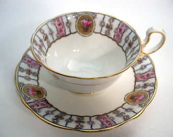 1920's Aynsley Tea Cup and Saucer, White tea cup with border of flowers, Antique tea cup and saucer.