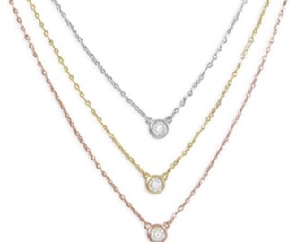 Graduated Tri Tone Necklace with CZs - 925 Sterling Silver