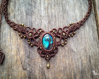 Macrame elven necklace tiara Labradorite ethnic chic stone boho jewelry by Creations Mariposa L5