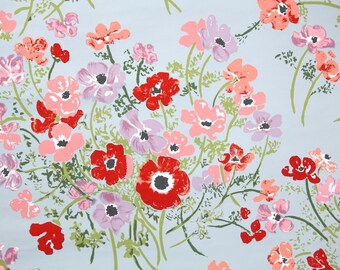 Retro Wallpaper by the Yard 70s Vintage Wallpaper - 1970s Floral Red Pink and Purple Poppies on Blue