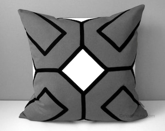 Grey Outdoor Pillow Cover, Decorative Black & White Pillow Cover, Geometric Sunbrella Cushion Cover, Mid Century Modern Pillow, Mazizmuse