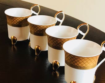 White Gold Footed Demitasse Cup, Greek Key Fine Porcelain China