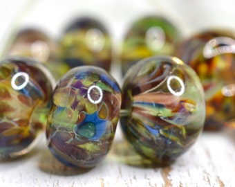 PAIR (2) lamp work beads...SRA handmade, topaz, blues, lavenders lampwork beads, fall colors, glass beads 201032 made to order