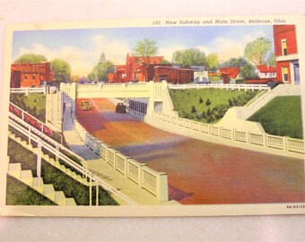Vintage 1949 Postcard Bellevue, Ohio at Subway and Main Streets - LINEN