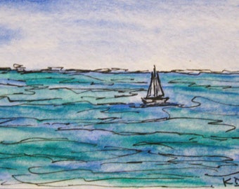 Sailing Original ACEO Maine Painting Watercolor Small ACEO Artist Trading Card 271 Pen and Ink Drawing Original Art by Kathleen Daughan