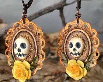 Day of the Dead Earrings, Miniature Altar, Victorian Memento Mori Assemblage Earrings, Halloween, Dia De Los Muertos, HandMade Skull Shrine