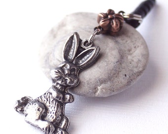 Bunny Headphone Jack Charm - Woodland Mobile Phone Charm, Copper Flower, Pewter Rabbit, Choice of Dust Plug Color