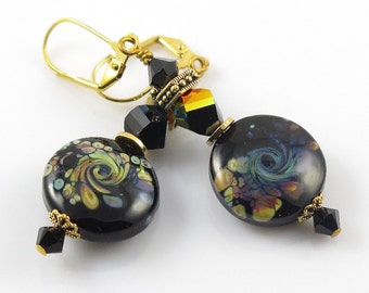 Black Dangle Earrings, Swirl Lampwork Earrings, Long Black and Gold Earrings, Glass Lampwork Jewelry