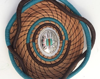 Turquoise and Brown Pine Needle Basket Concho Center- Item 827 by Susan Ashley
