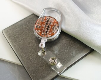 Orange Circuit Board Retractable Badge Holder, Badge Reel, Geeky Office Gift, Wearable Technology, Geek Engineer Gift, Motherboard Gift